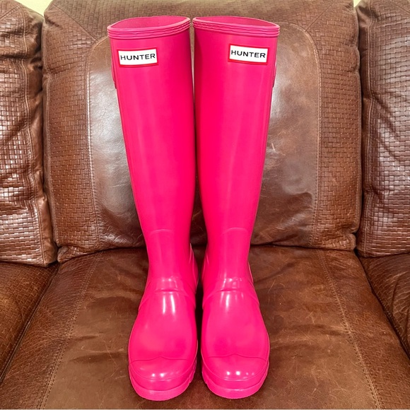 Hunter Original Tall Waterproof Rain Boots In Glossy Fuchsia Pink Color Size 8 - Picture 12 of 12